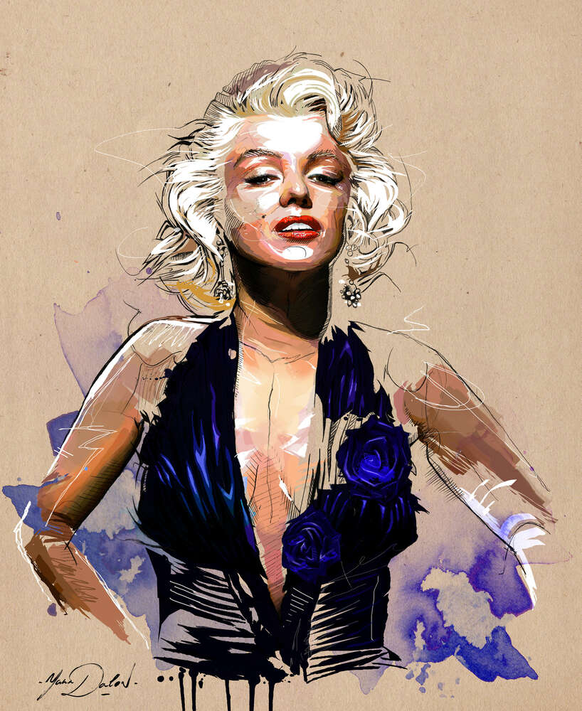 картина-постер Зухвалий образ Мерілін Монро (Marilyn Monroe) у відкритій синій сукні