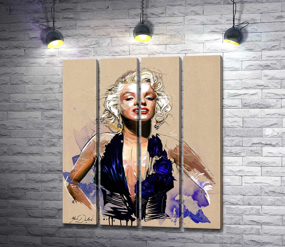 модульная картина Вызывающий образ Мэрилин Монро (Marilyn Monroe) в открытом синем платье (Модуль №24)
