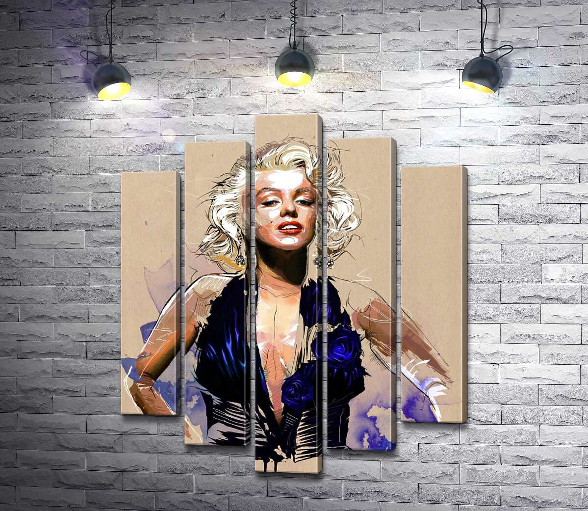 модульная картина Вызывающий образ Мэрилин Монро (Marilyn Monroe) в открытом синем платье (Модуль №4)