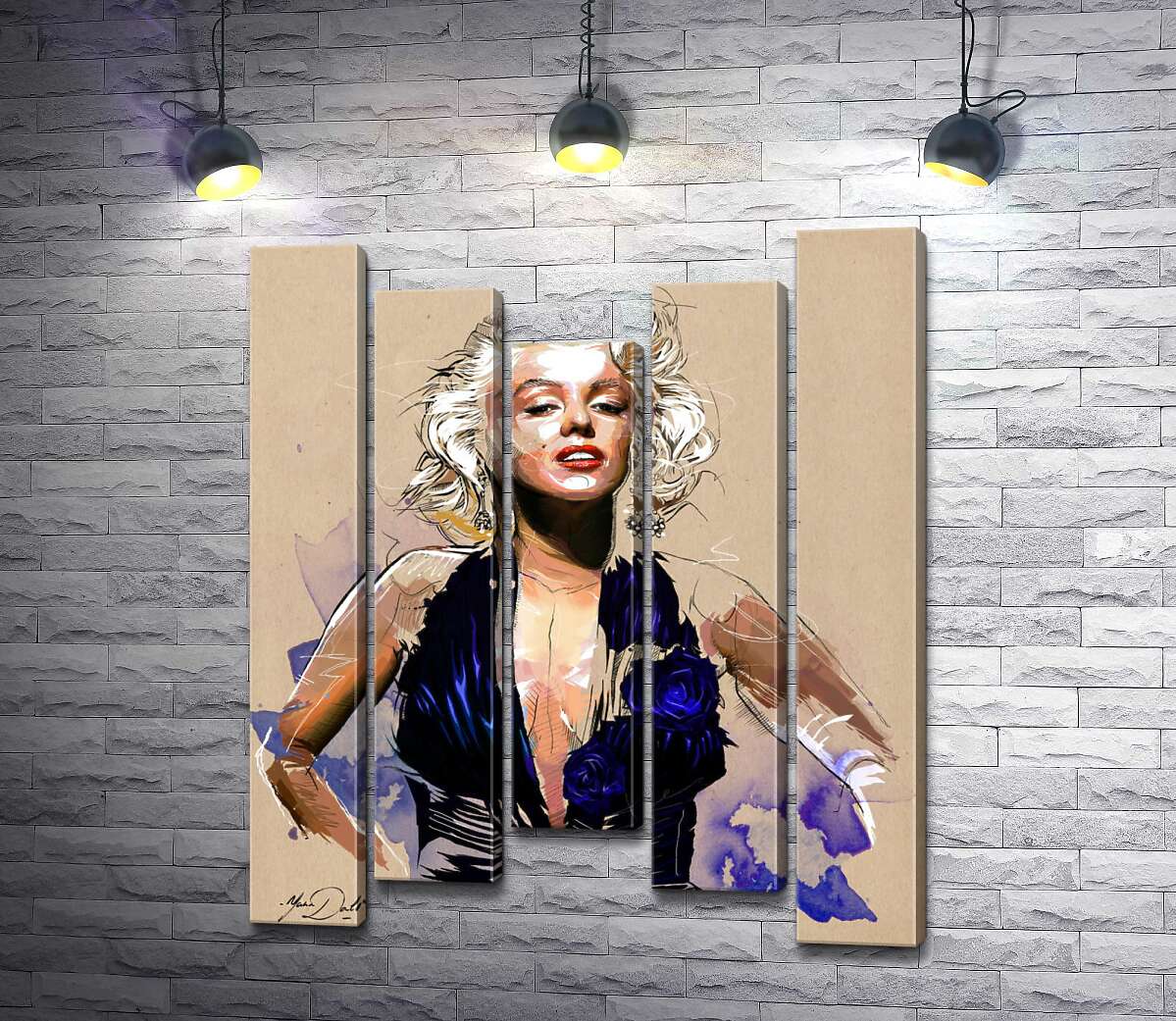 модульная картина Вызывающий образ Мэрилин Монро (Marilyn Monroe) в открытом синем платье (Модуль №27)