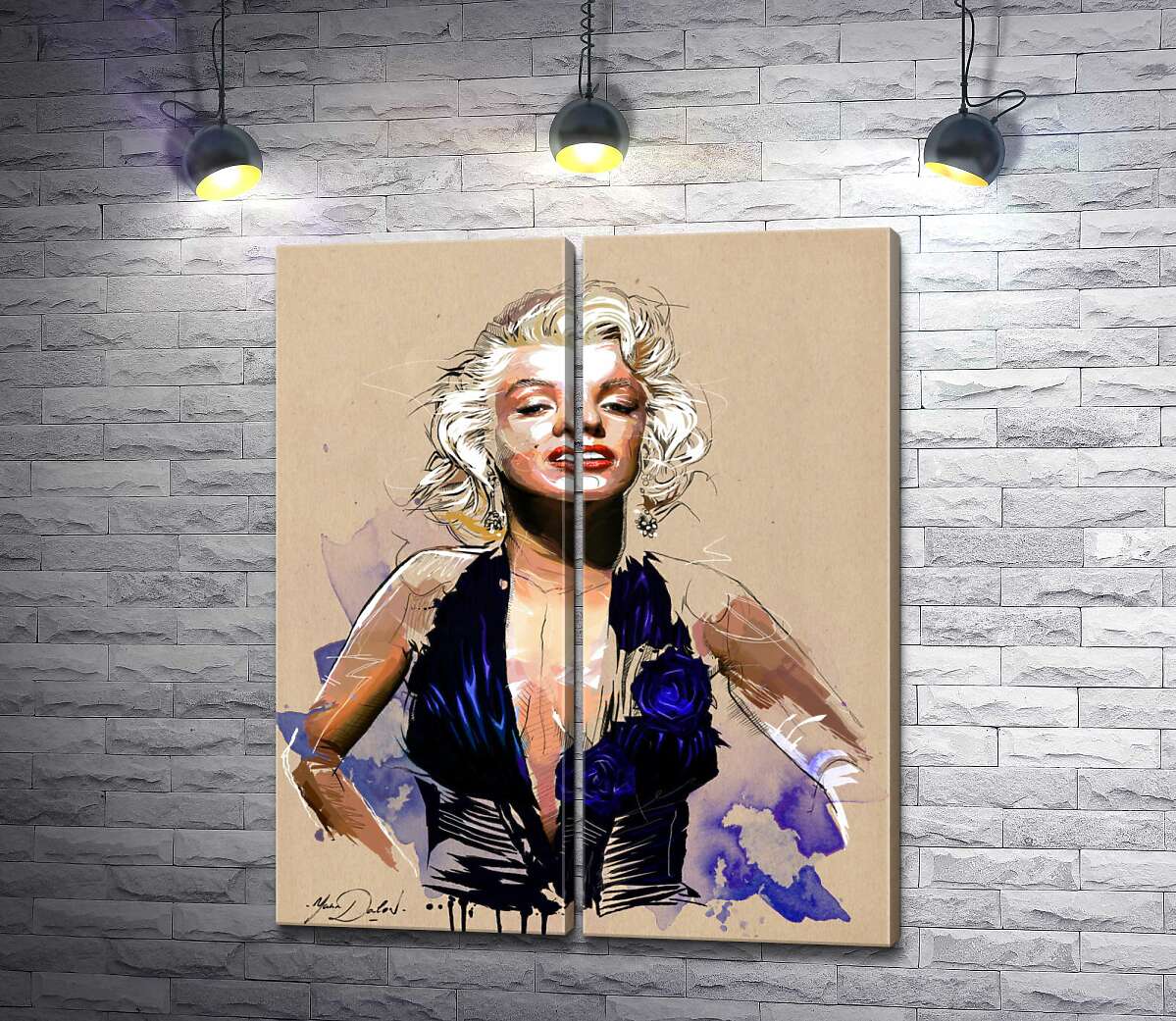 модульная картина Вызывающий образ Мэрилин Монро (Marilyn Monroe) в открытом синем платье (Модуль №6)
