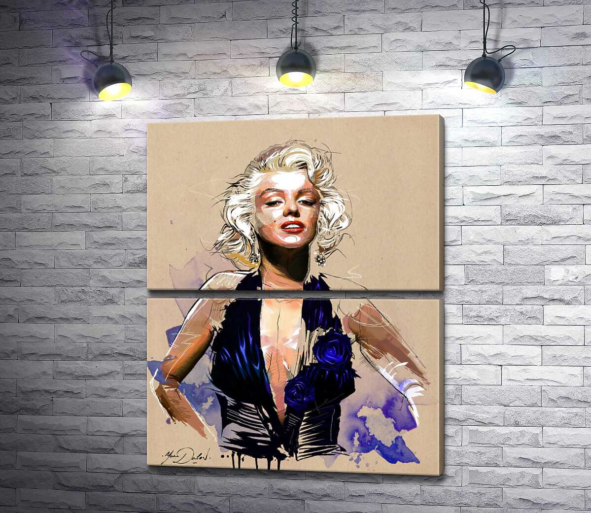 модульная картина Вызывающий образ Мэрилин Монро (Marilyn Monroe) в открытом синем платье (Модуль №7)