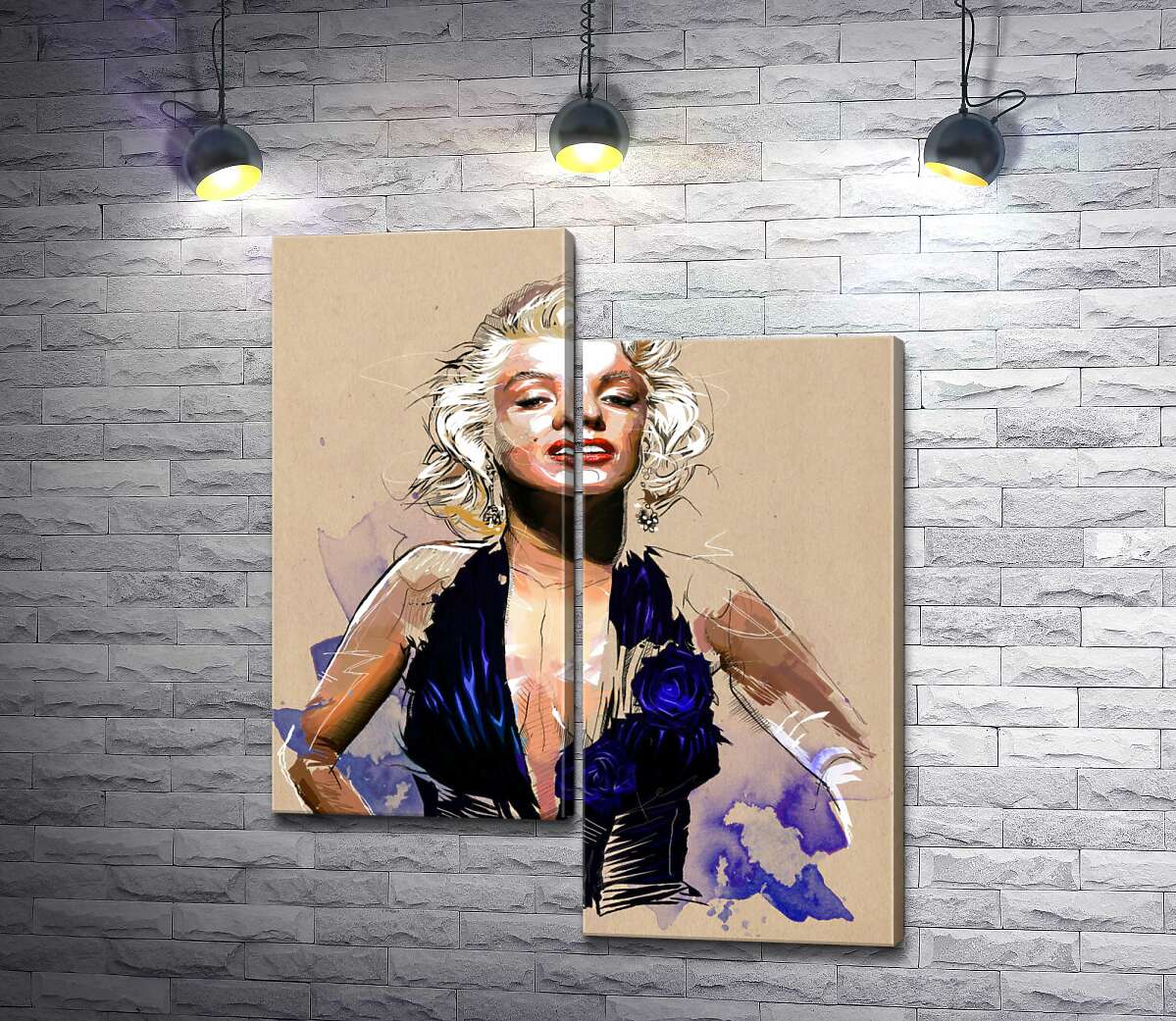 модульная картина Вызывающий образ Мэрилин Монро (Marilyn Monroe) в открытом синем платье (Модуль №9)