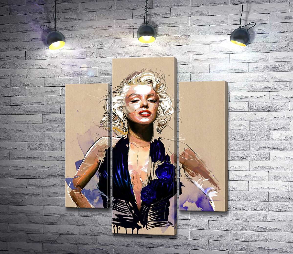 модульная картина Вызывающий образ Мэрилин Монро (Marilyn Monroe) в открытом синем платье (Модуль №10)