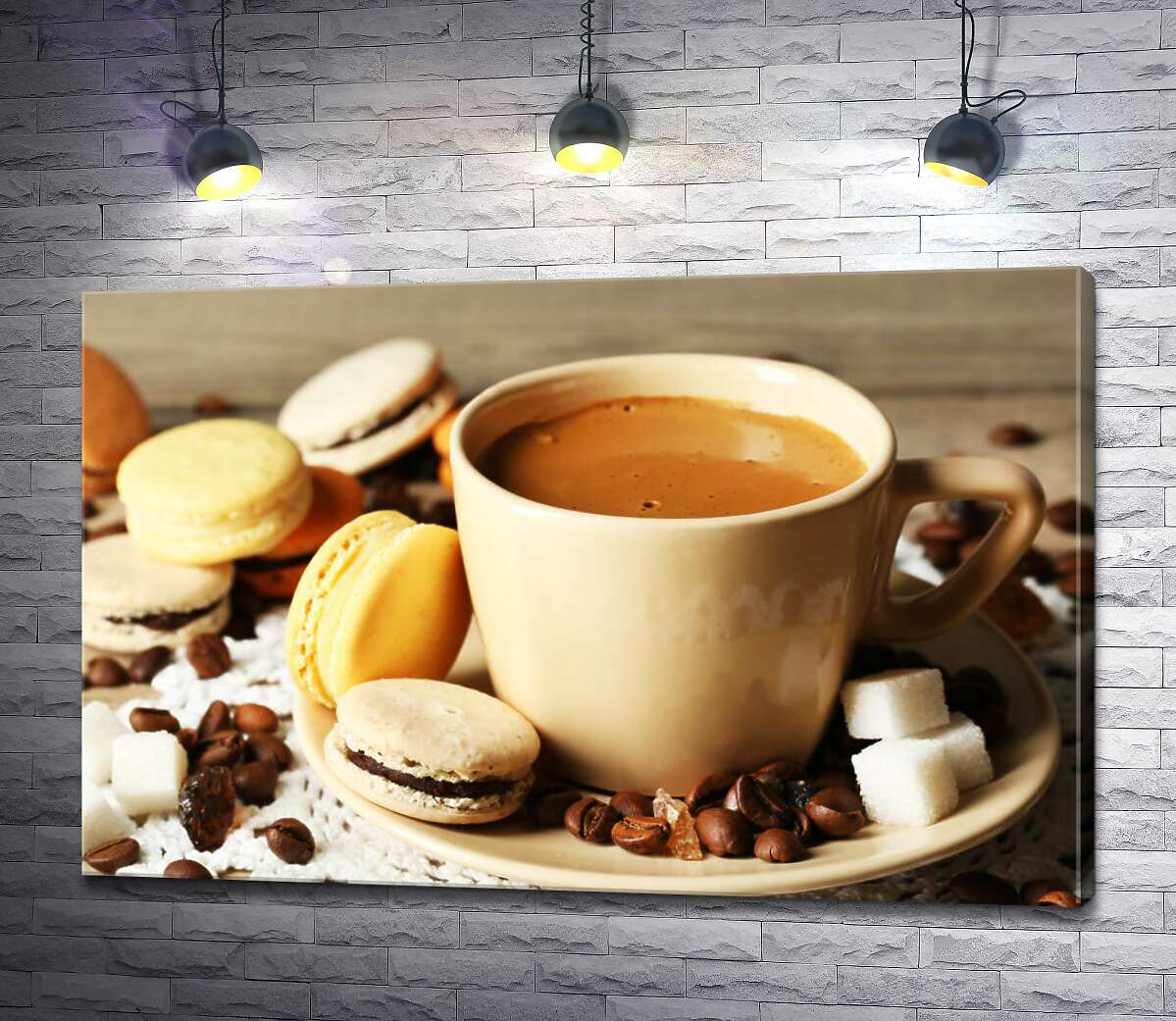 картина Кремові відтінки у чашці з кавою та тістечками макаронів