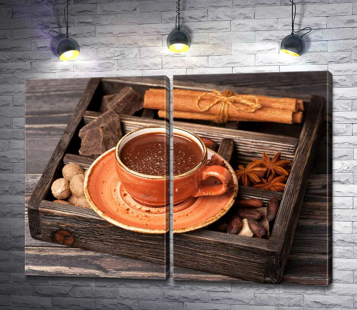 модульна картина Доповнення до гарячого шоколаду в дерев'яному ящику: кориця, бодян, шоколад та мускатний горіх