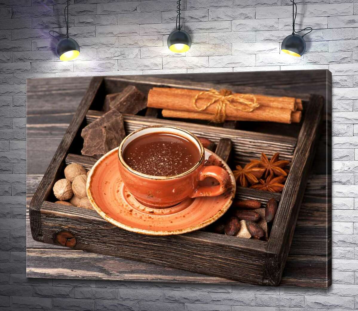 картина Дополнение к горячему шоколаду в деревянном ящике: корица, бадьян, шоколад и мускатный орех