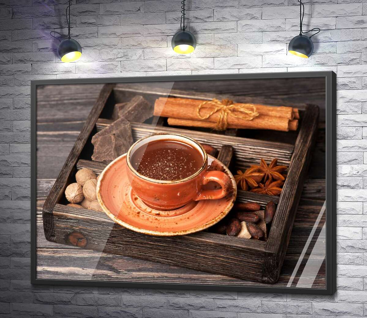 постер Дополнение к горячему шоколаду в деревянном ящике: корица, бадьян, шоколад и мускатный орех