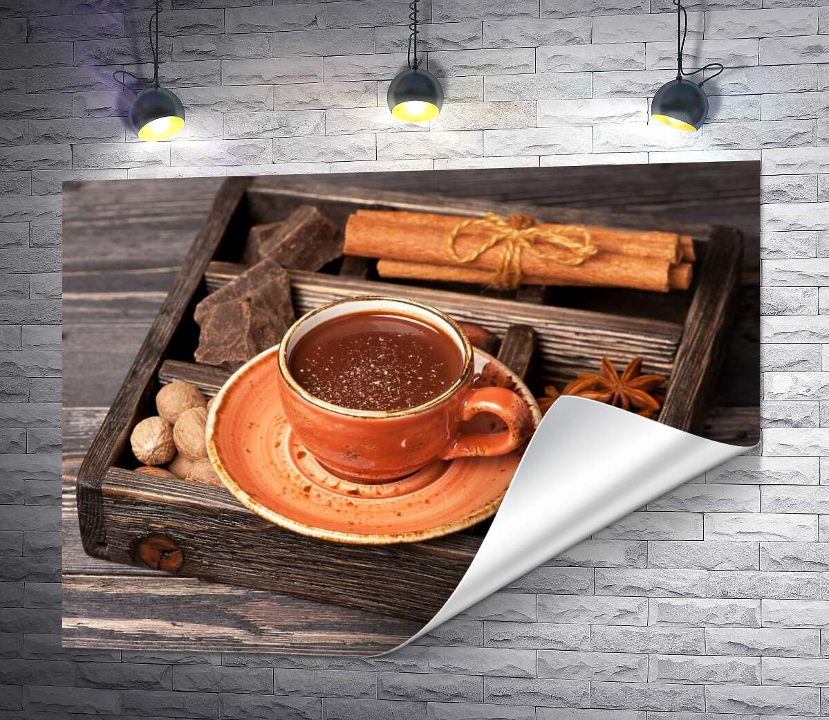 друк Доповнення до гарячого шоколаду в дерев'яному ящику: кориця, бодян, шоколад та мускатний горіх