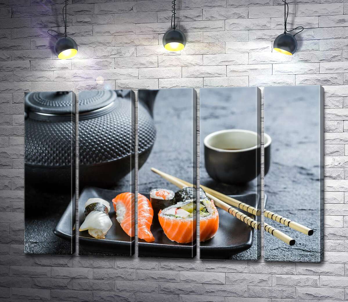 модульная картина Традиции японской кухни: чай рядом с суши и роллами (Модуль №26)