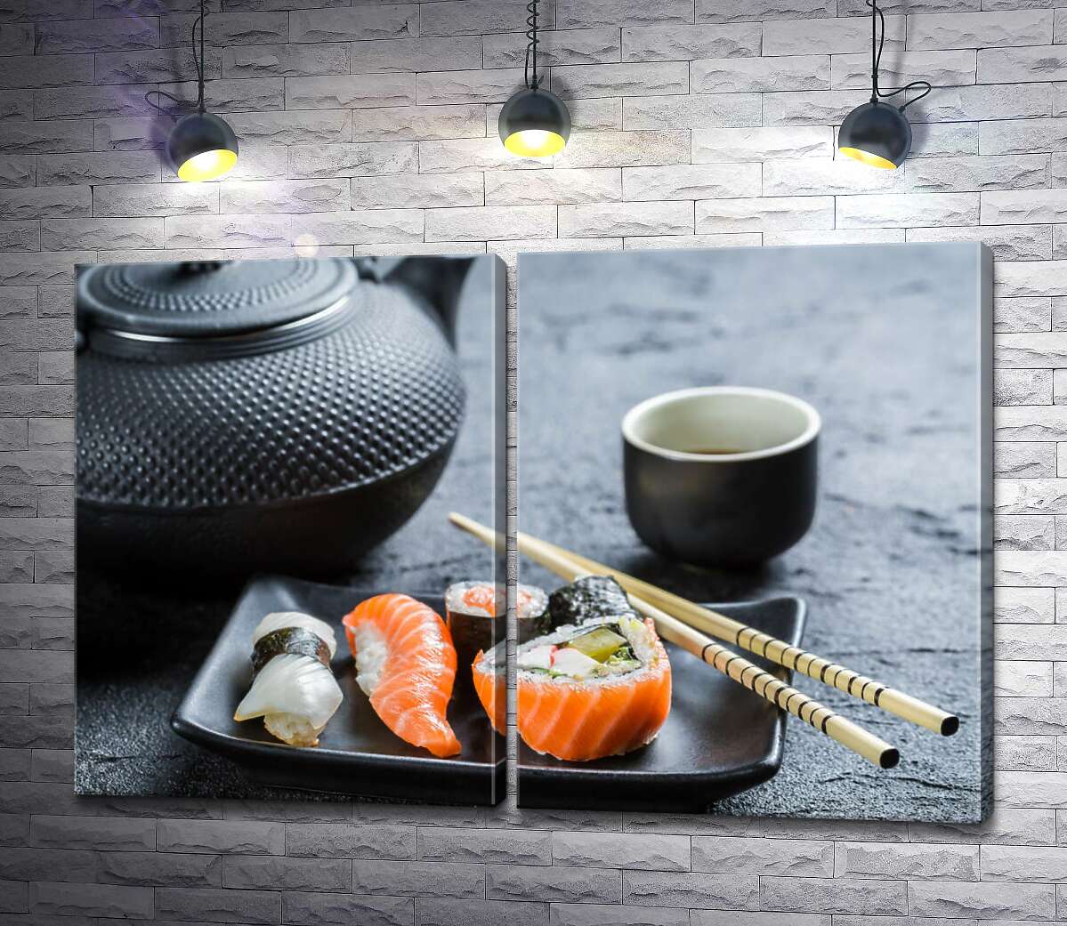 модульная картина Традиции японской кухни: чай рядом с суши и роллами