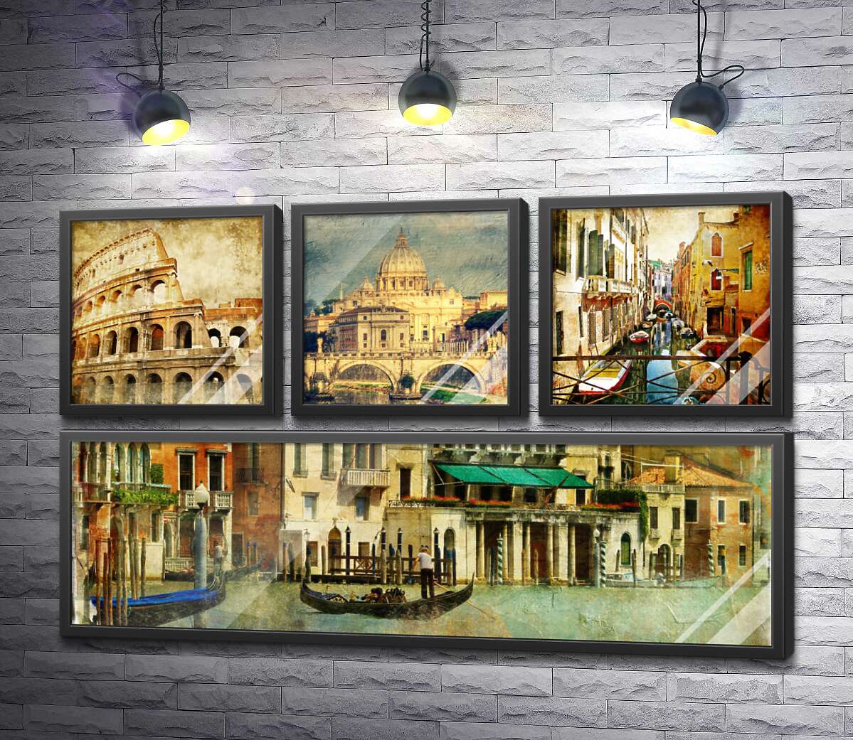 постер-коллаж Винтажная атмосфера итальянских городов: историческое величие Рима и уют улиц Венеции