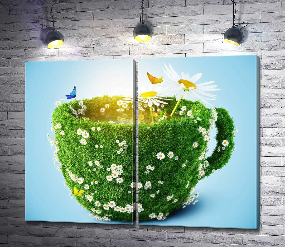 модульная картина Чашка из зелени травы и ромашек