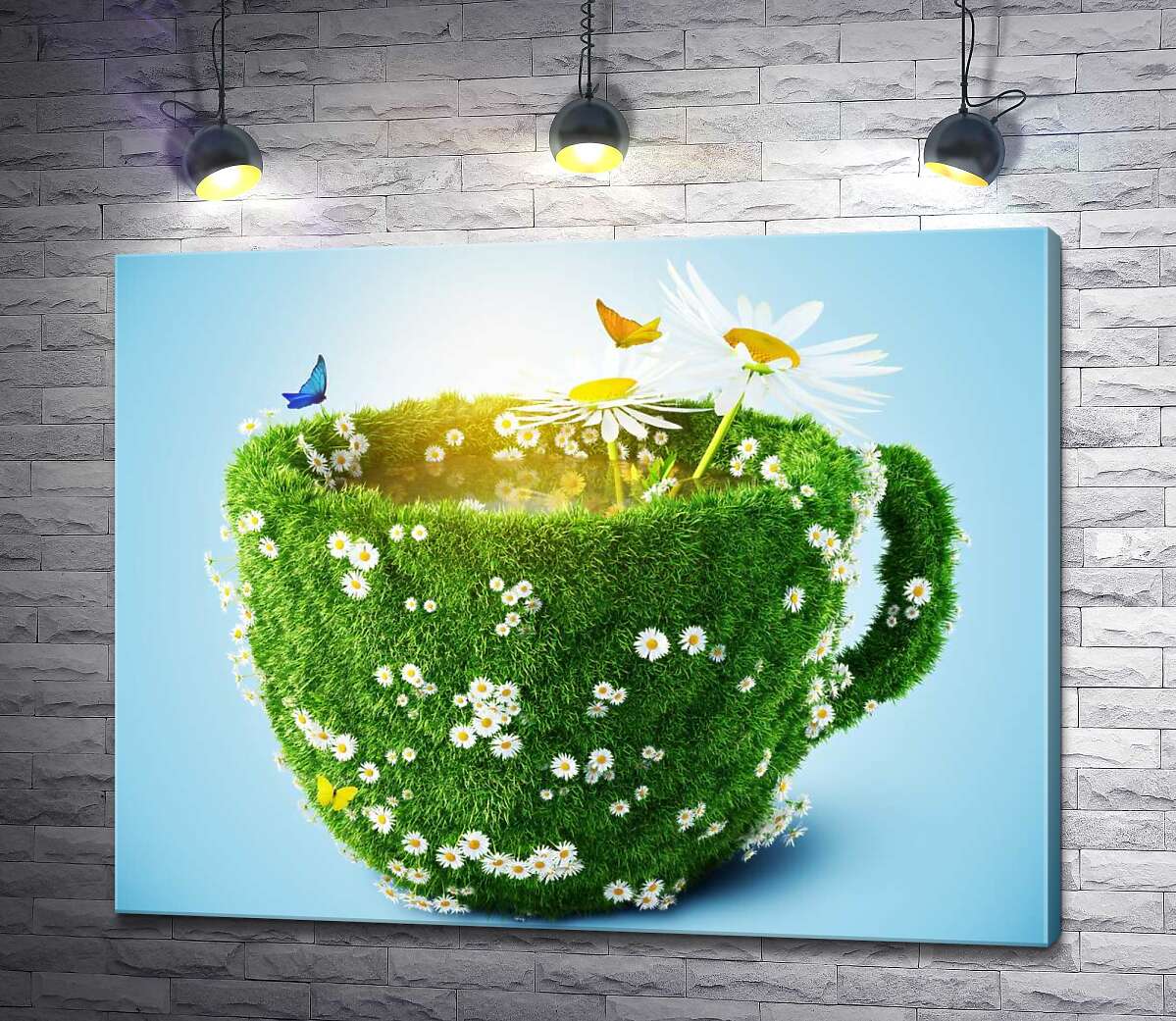 картина Чашка из зелени травы и ромашек