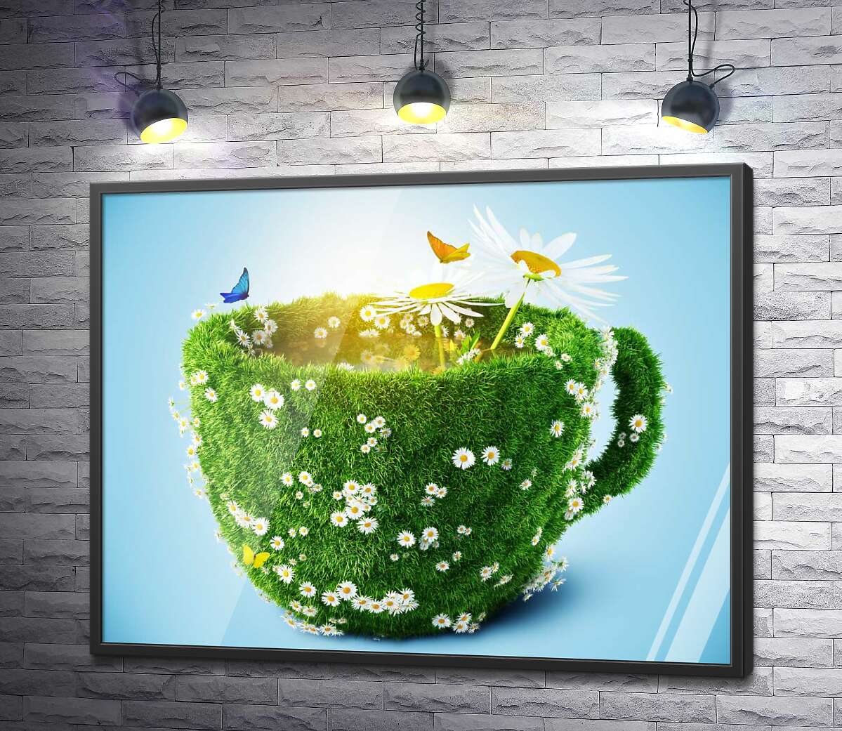 постер Чашка из зелени травы и ромашек