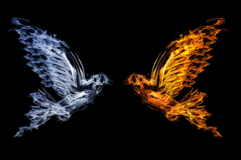 картина-постер Противостояние огня и воды в силуэтах голубей