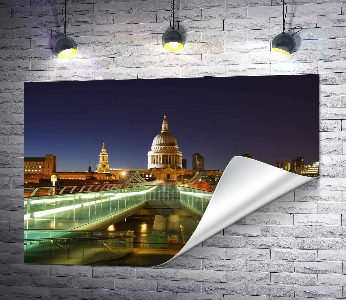 печать Ночной вид на собор святого Павла (St Paul's Cathedral) с лондонского моста Милениум (London Millennium Footbridge)