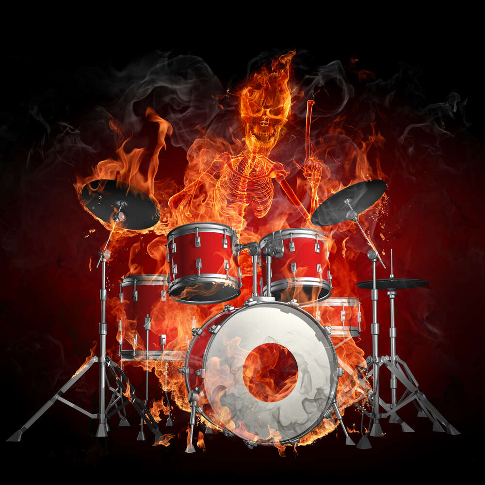 картина-постер Вогняний скелет із запалом грає на барабанах