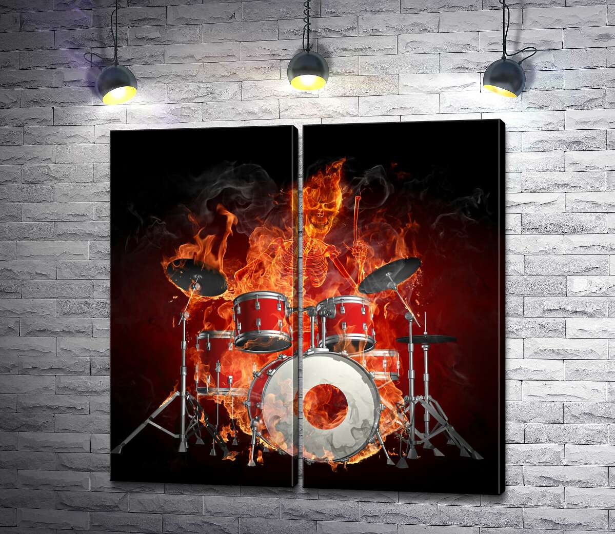 модульна картина Вогняний скелет із запалом грає на барабанах