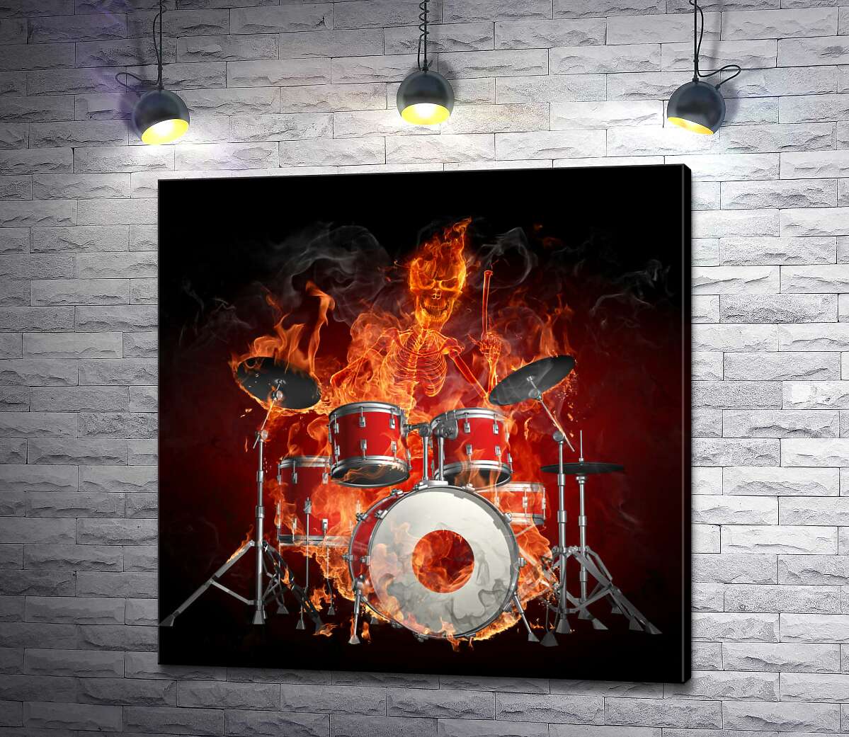 картина Вогняний скелет із запалом грає на барабанах