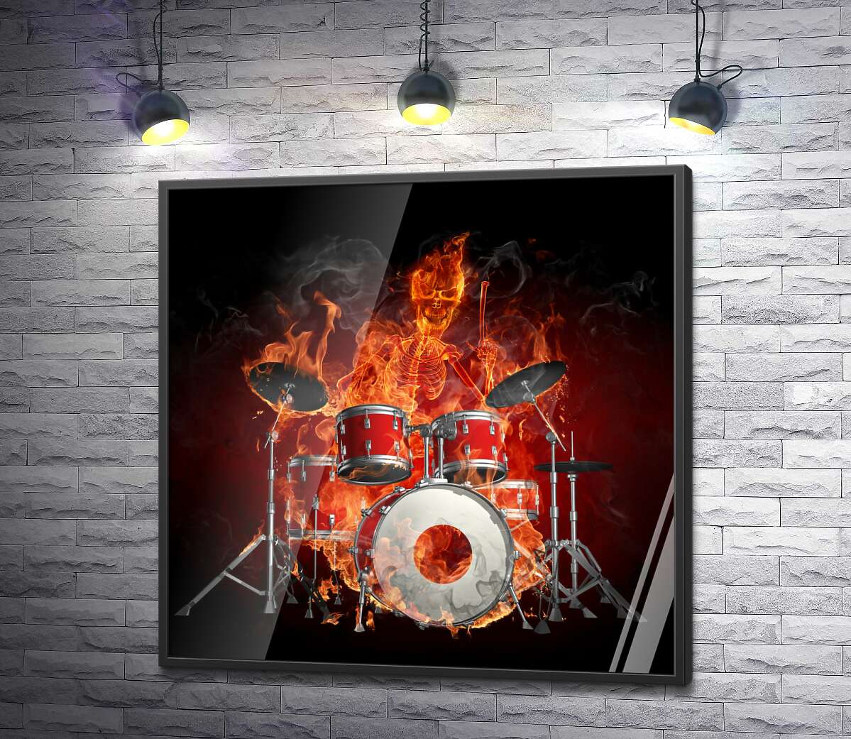 постер Вогняний скелет із запалом грає на барабанах