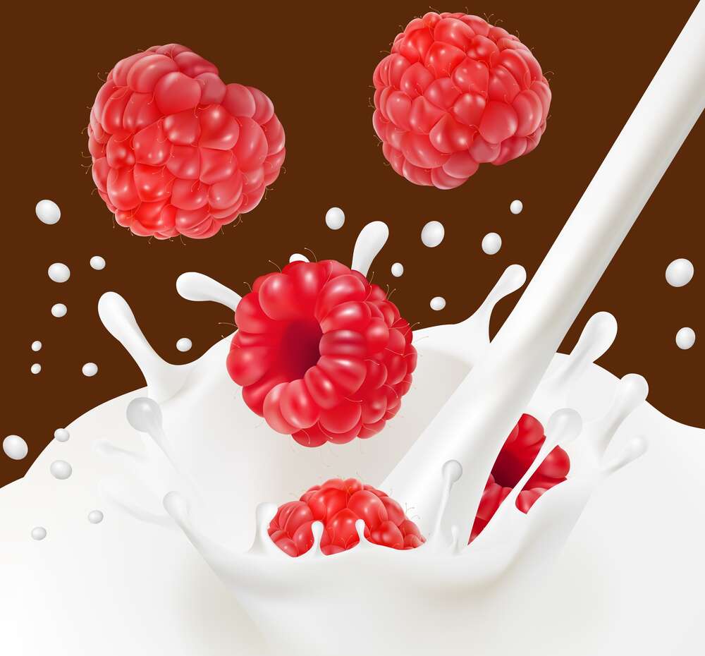 картина-постер Червоні ягоди малини падають у білий молочний потік