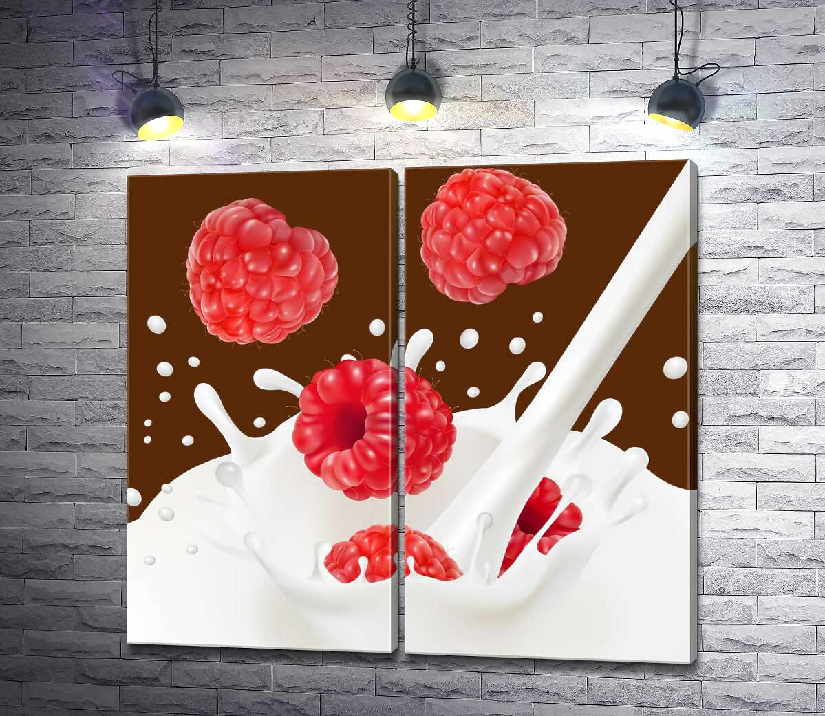 модульна картина Червоні ягоди малини падають у білий молочний потік
