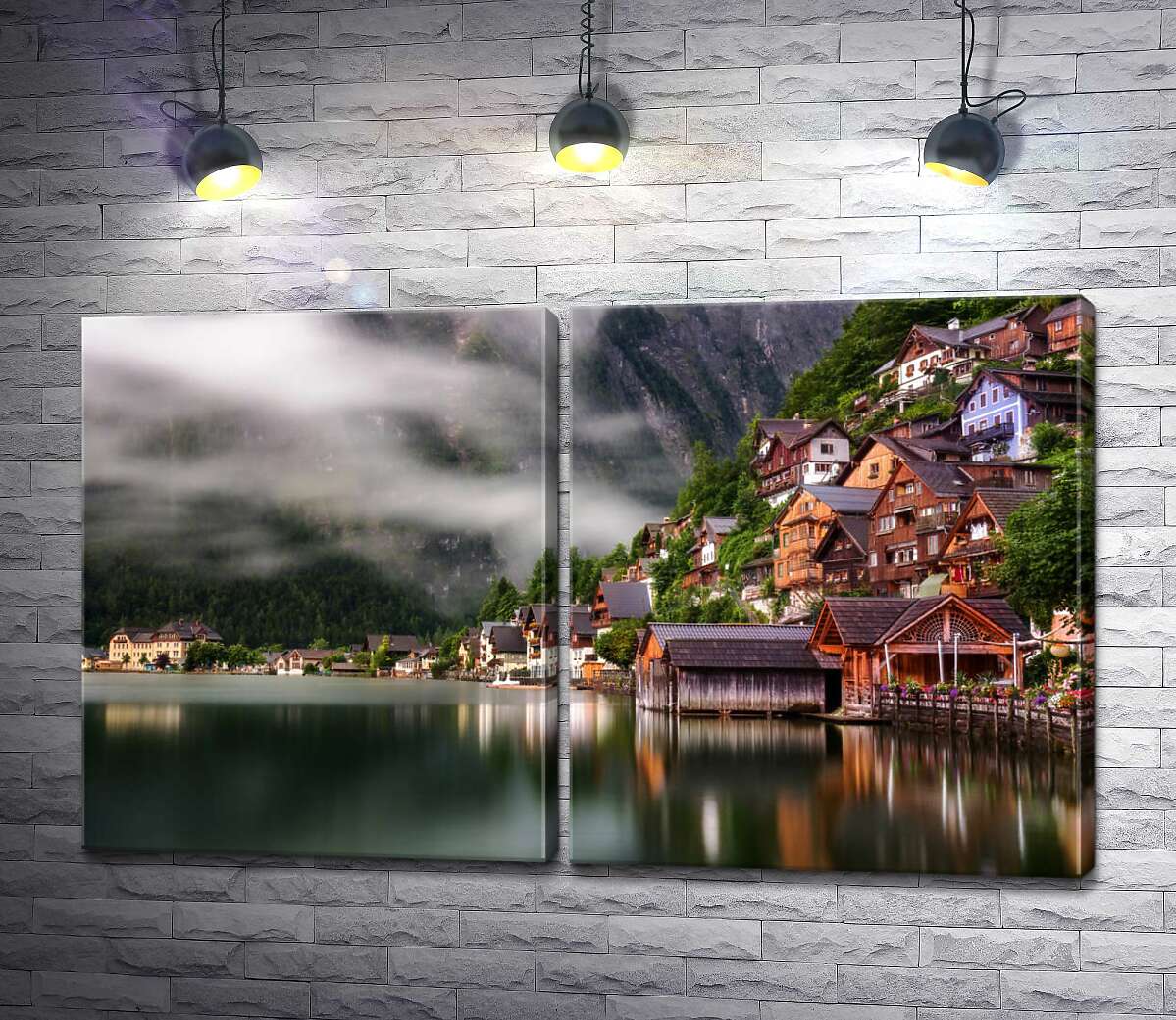 модульная картина Легкая пелена тумана падает на горное озеро возле живописного поселения Гальштата (Hallstatt)