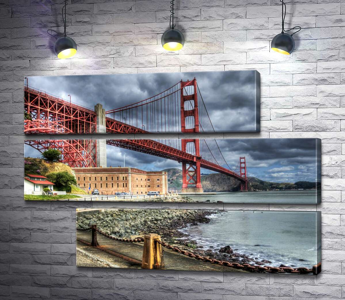 модульная картина Багровый мост "Золотые ворота" (Golden Gate Bridge) упирается в грозовые тучи (Модуль №16)