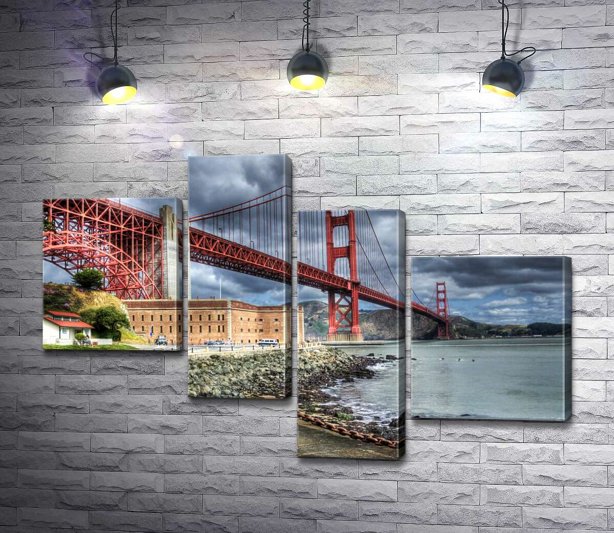 модульная картина Багровый мост "Золотые ворота" (Golden Gate Bridge) упирается в грозовые тучи (Модуль №21)