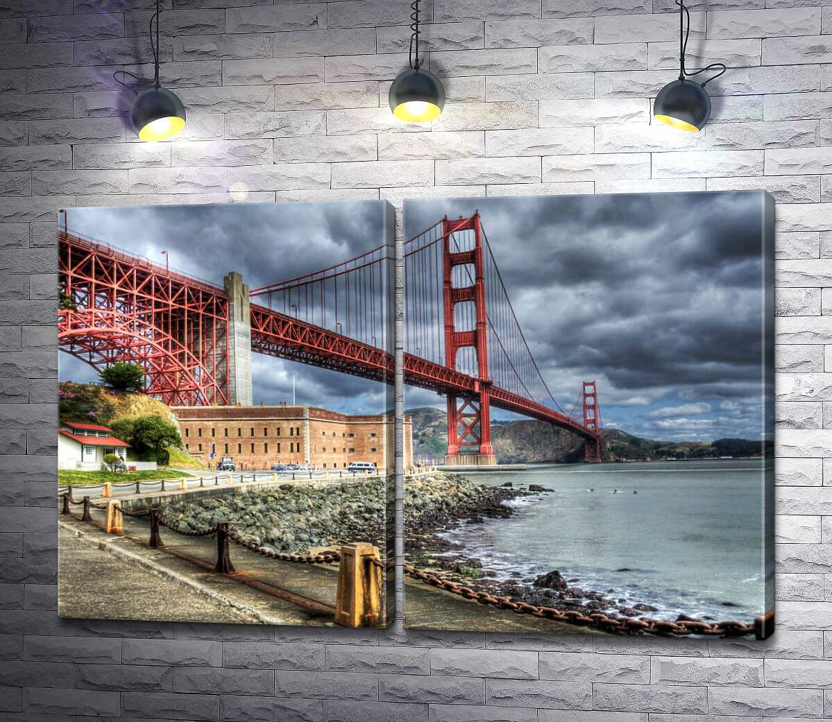 модульная картина Багровый мост "Золотые ворота" (Golden Gate Bridge) упирается в грозовые тучи