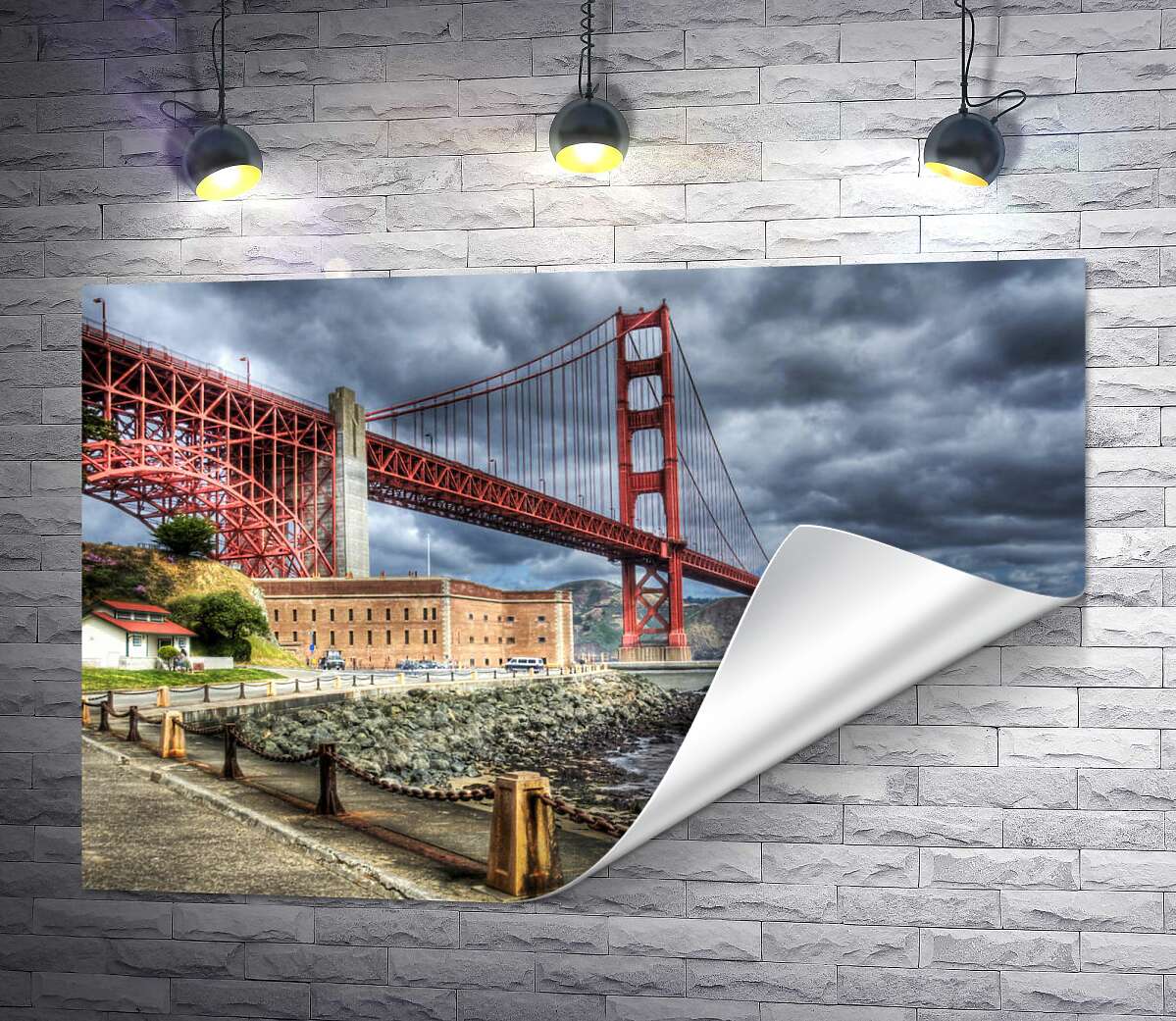 печать Багровый мост "Золотые ворота" (Golden Gate Bridge) упирается в грозовые тучи