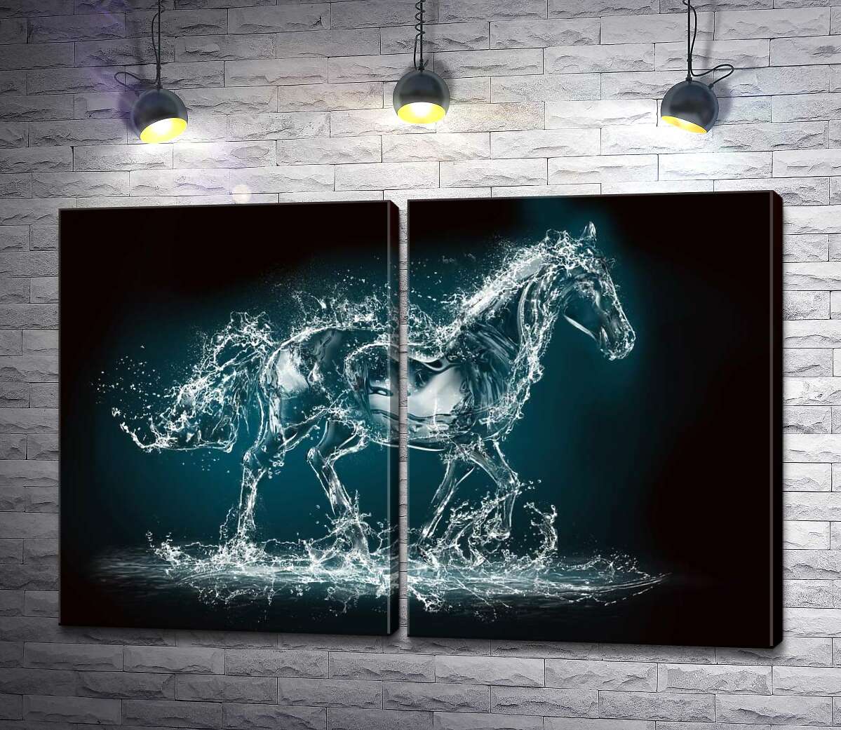 модульная картина Блеск капель в голубом силуэте лошади из воды