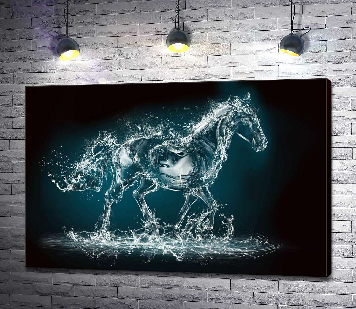 картина Блискіт крапель в блакитному силуеті коня із води