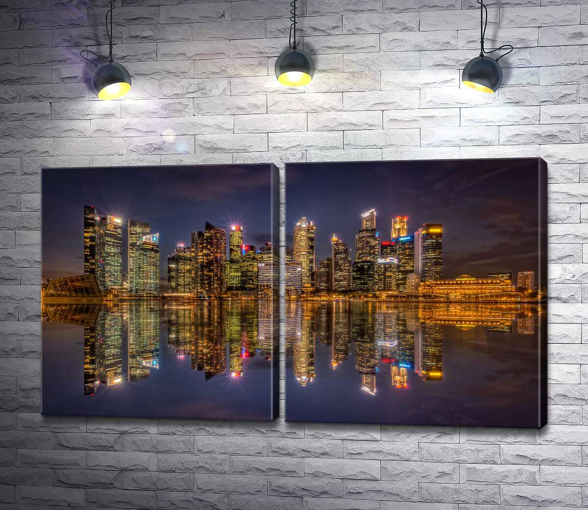 модульная картина Зеркальные отражения ночных домов у набережной Сингапура