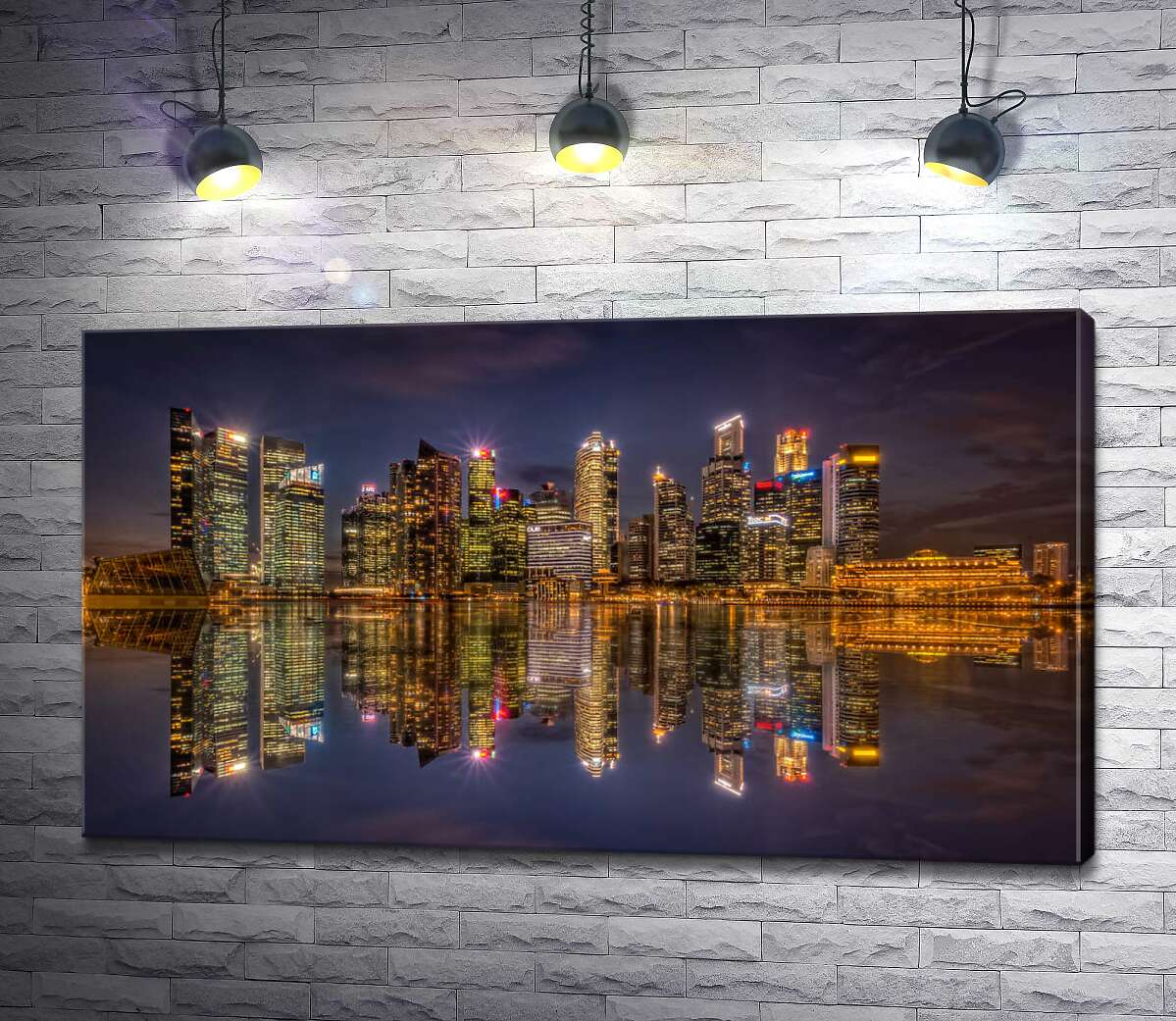 картина Дзеркальні відображення нічних будинків біля набережної Сінгапуру