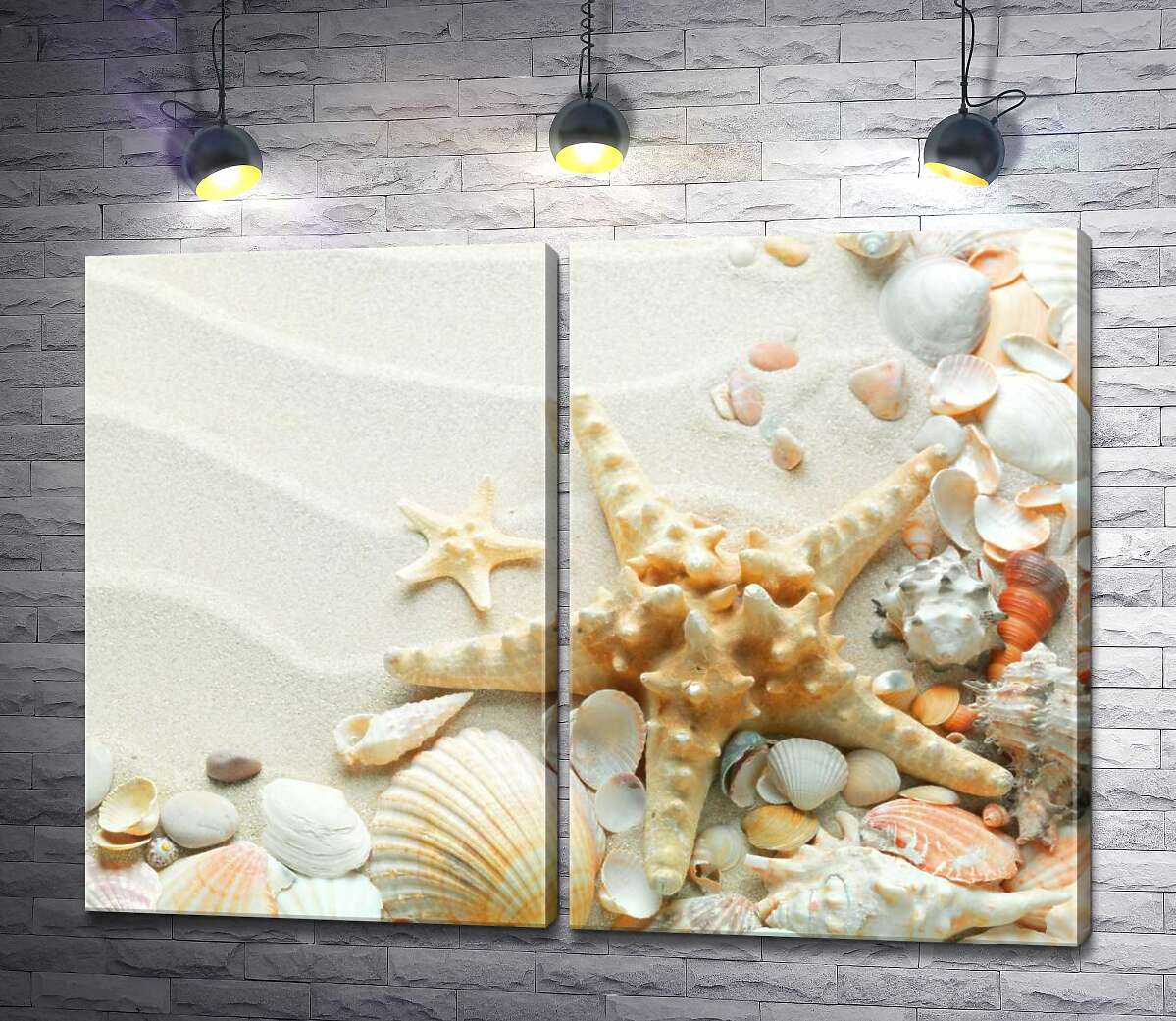 модульная картина Пастельный узор на песке из морских звезд и ракушек