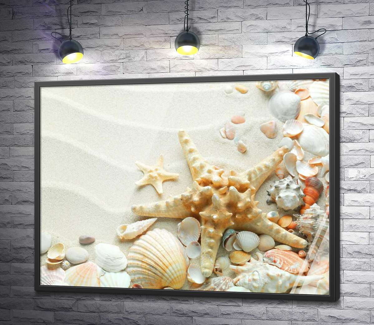 постер Пастельный узор на песке из морских звезд и ракушек