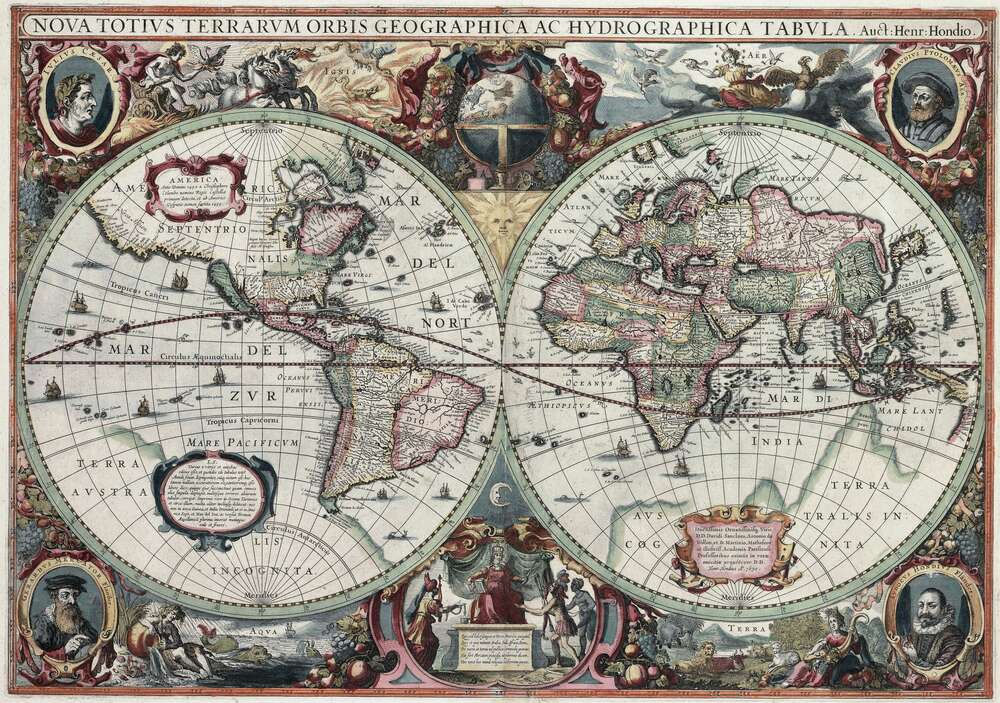 картина-постер Карта мира 1630 года, авторства Гендрика Гондиуса (Hendrik Hondius)