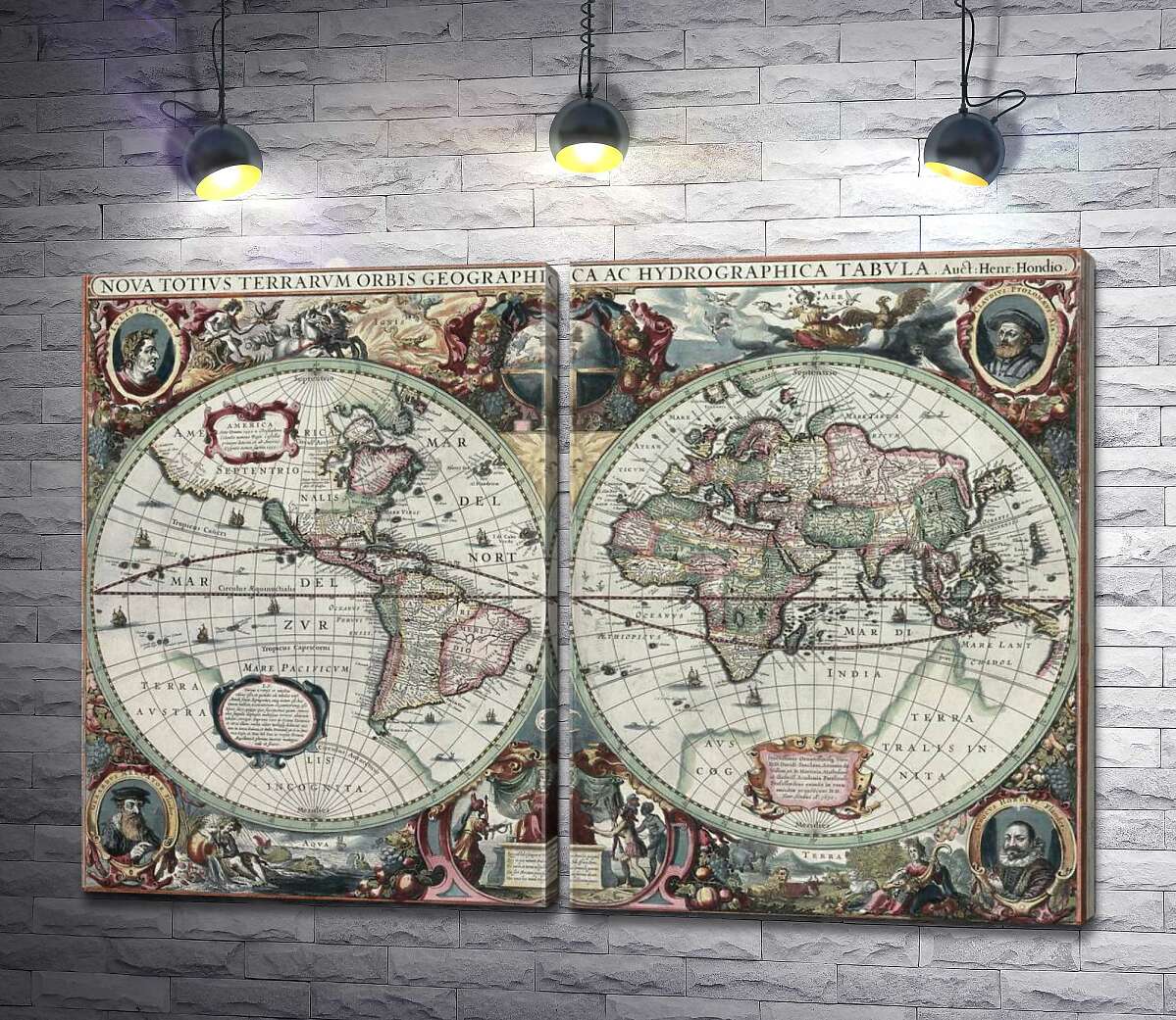 модульная картина Карта мира 1630 года, авторства Гендрика Гондиуса (Hendrik Hondius)