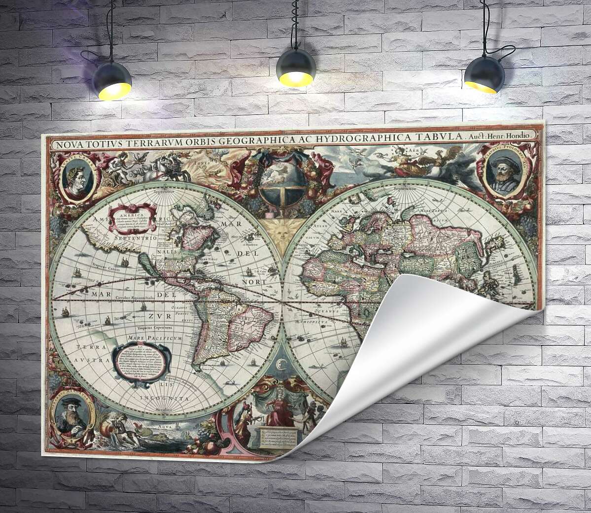 печать Карта мира 1630 года, авторства Гендрика Гондиуса (Hendrik Hondius)