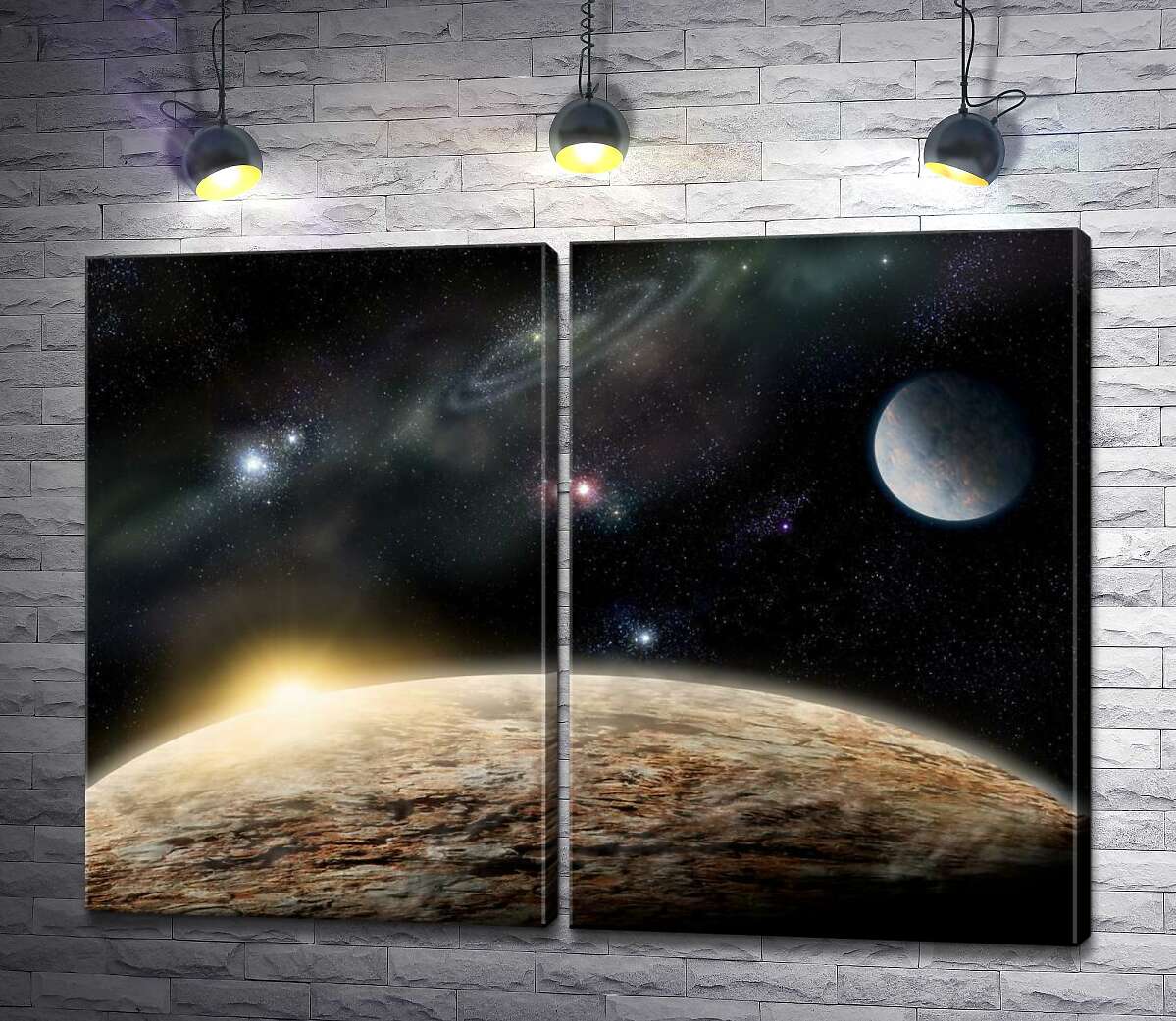 модульная картина Рассвет над каменистой поверхностью планеты