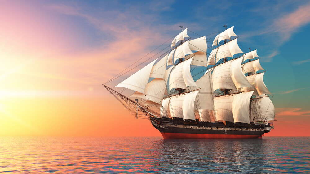 картина-постер Парусный корабль тихо плывет навстречу вечеру
