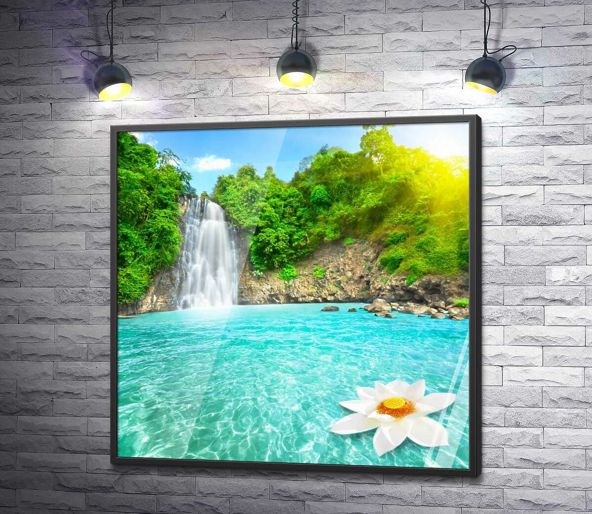 постер Прозора гладь озера під шумним потоком водопаду