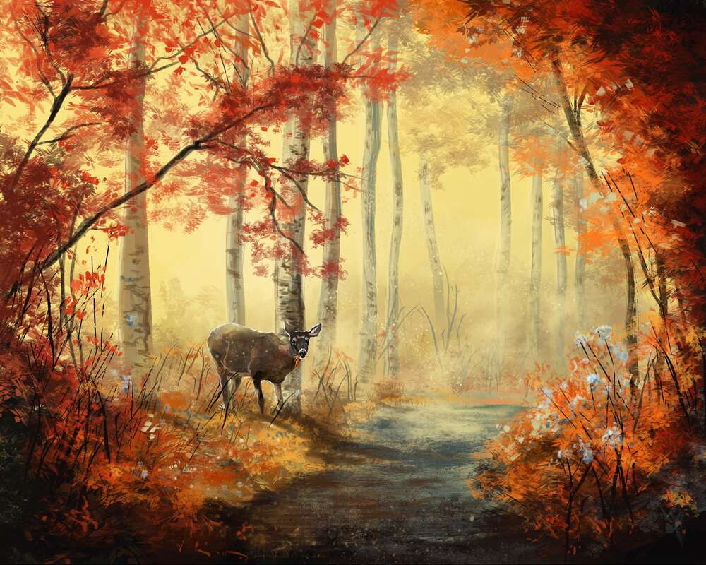 картина-постер Осторожный олень крадется зарослями осеннего леса