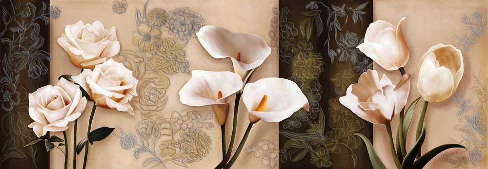 картина-постер Кремовые розы, каллы и тюльпаны на фоне пастельных орнаментов