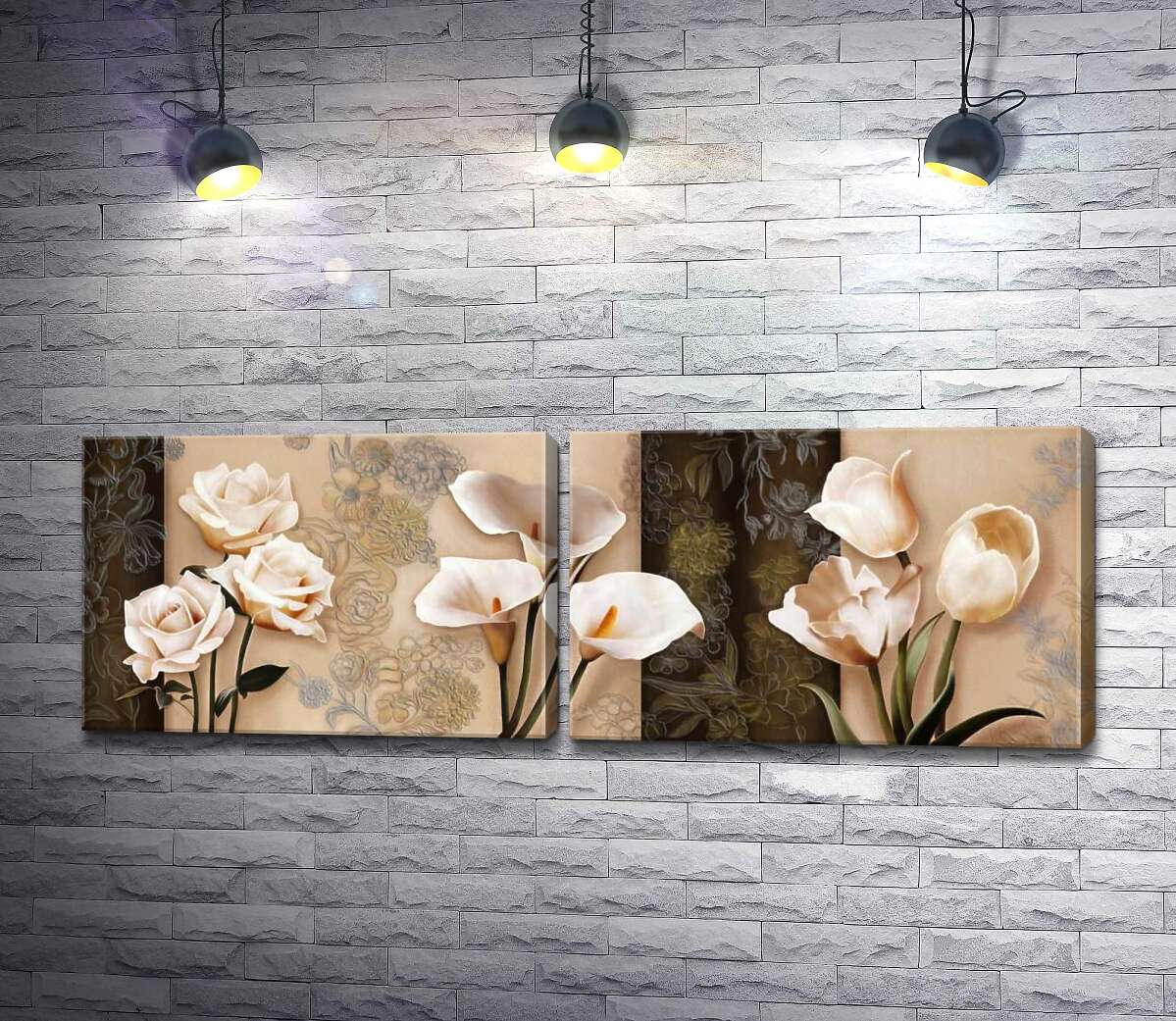 модульная картина Кремовые розы, каллы и тюльпаны на фоне пастельных орнаментов