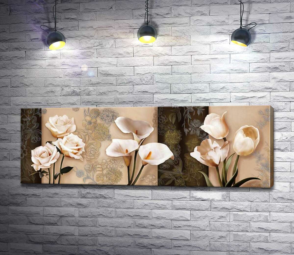 картина Кремовые розы, каллы и тюльпаны на фоне пастельных орнаментов