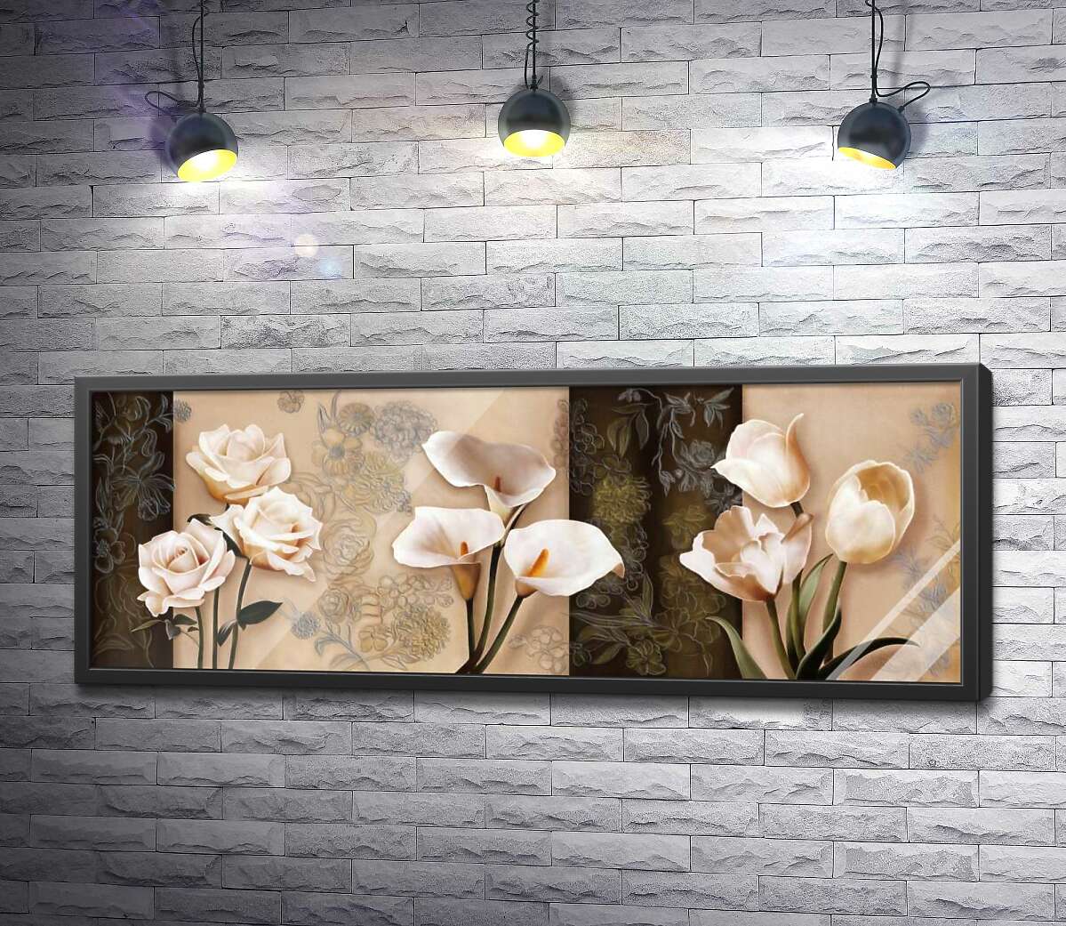 постер Кремові троянди, калли та тюльпани на фоні пастельних орнаментів