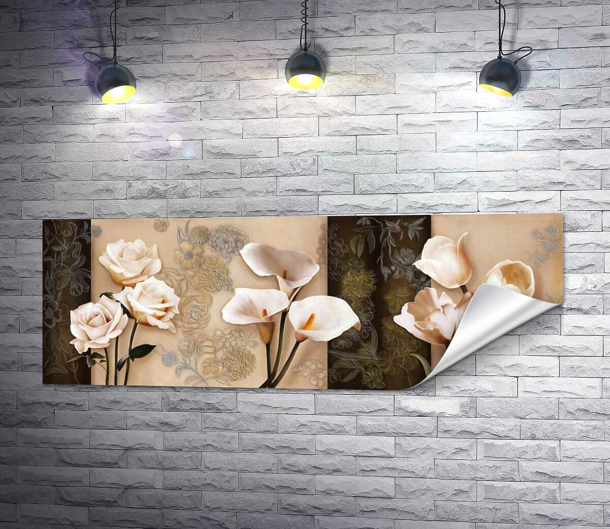 друк Кремові троянди, калли та тюльпани на фоні пастельних орнаментів
